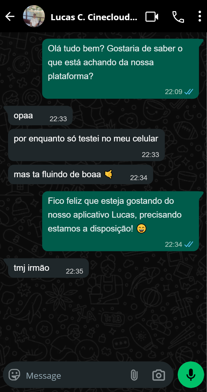 Conversa no WhatsApp com o cliente Lucas sobre a CineCloud