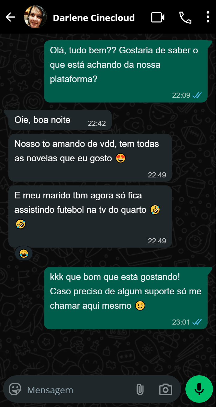 Conversa no WhatsApp com a cliente Darlene sobre a CineCloud