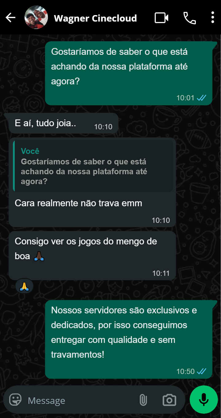 Conversa no WhatsApp com o cliente Wagner sobre a CineCloud